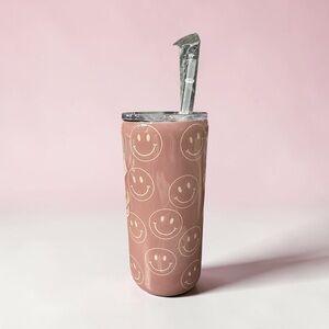 Mauve Pink Smiley Face Stainless Steel Tumbler with Straw 30 oz Handmade